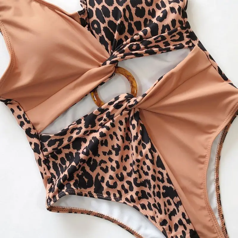 

Women Sexy Hollow Bikini Deep V-Neck Color Block Monokini Leopard Splicing Swimsuit Backless O-Ring Twist Knot Beachwear