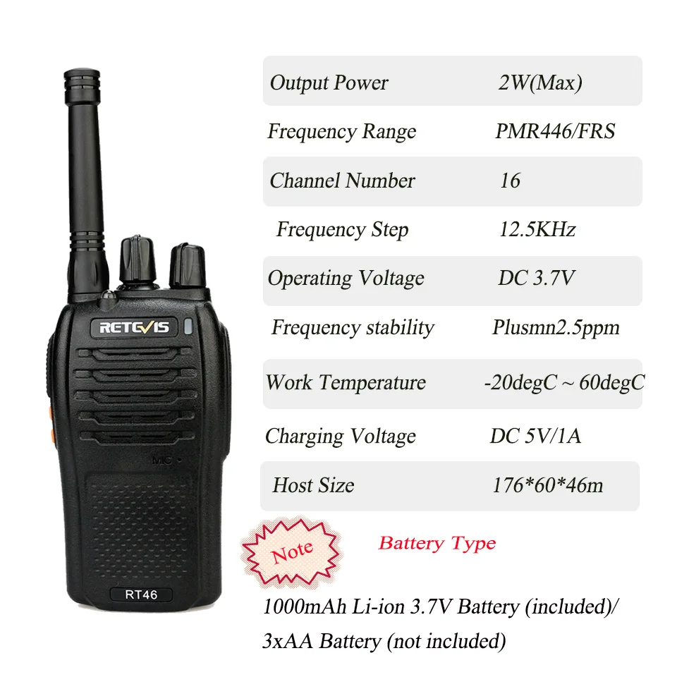 Пара RETEVIS RT46 Walkie Talkie PMR радио PMR446/FRS Портативное двухстороннее радио VOX Micro-usb зарядка Li-Ion(или AA) батарея