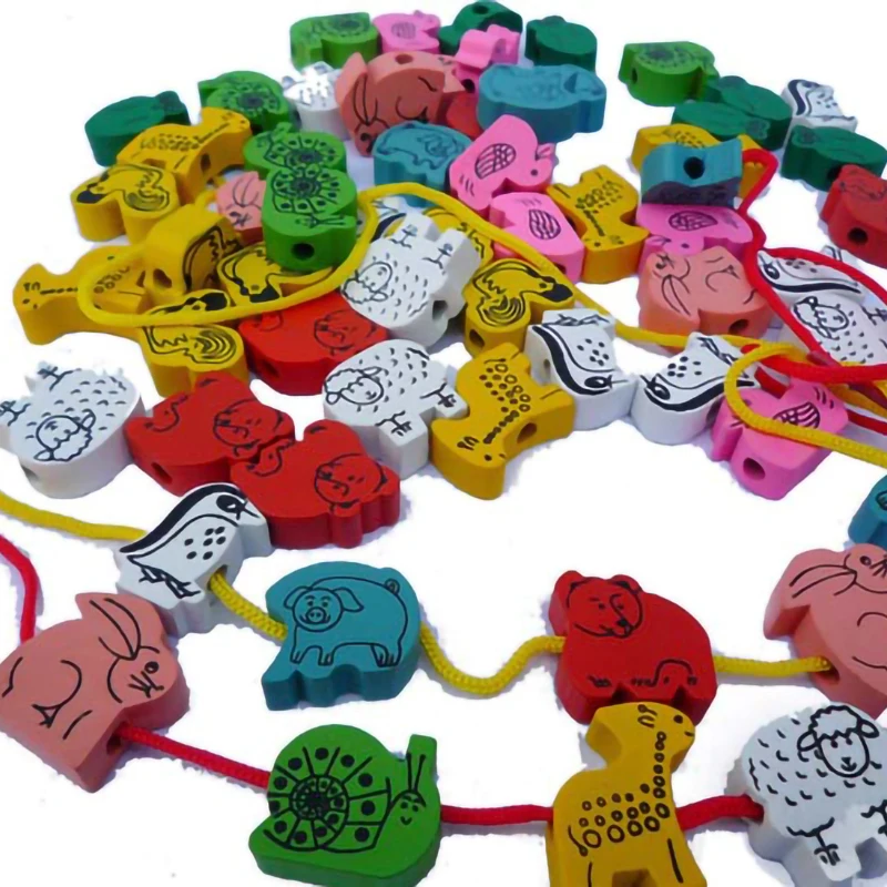 

New 50pcs+ Blocks Cartoon Animals Fruit Block Wooden Toys Stringing Threading Beads Game Educational Toy for Baby Kids Children