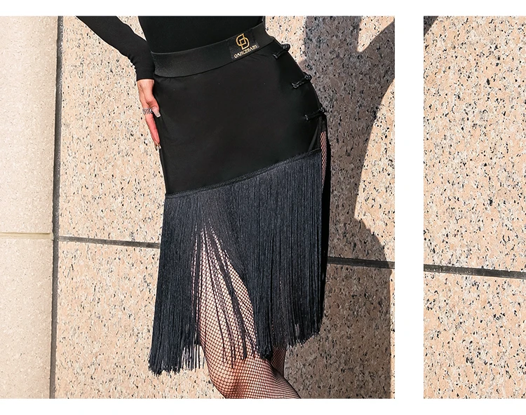 New Latin Dance Leopard Skirt Women Black Fringe Skirt Competition Tassel Costume Cha Cha Rumba Samba Dance Dress Latin BL2884
