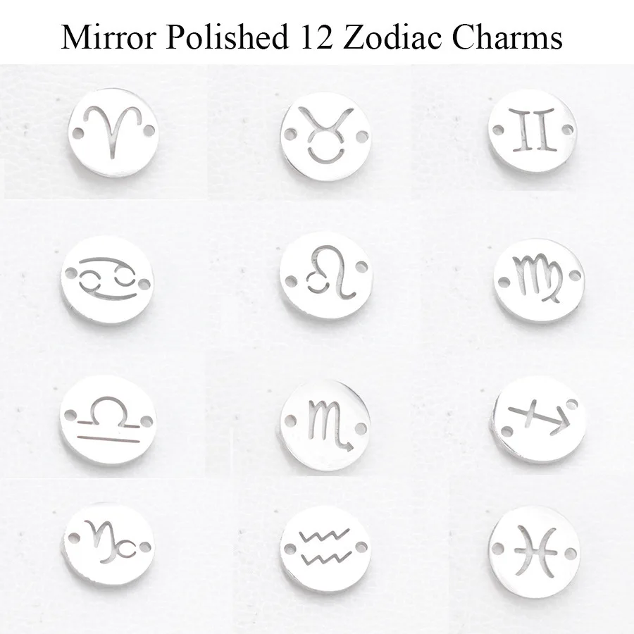 

24pcs 12mm Mirror Polished Stainless Steel Zodiac Signs Charm With 1.6mm 2Hole Connector Constellations for DIY Handmade Jewelry