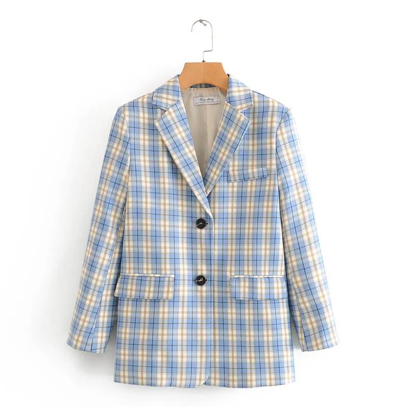 

Khaki women plaid blazers 2020 fashion ladies vintage notched collar jackets suit elegant female casual blazer girls chic coats