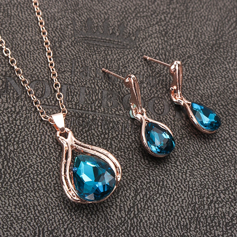 Набор украшений с голубыми кристаллами и каплями стразы ожерелье серьги цепочка