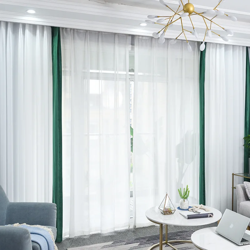 

Modern Wihte Chiffon Sheer Tulle and Green Curtains for Living Room Bedroom Window Treament Soft Hand Feeling Voile Drapes