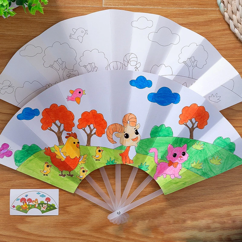 21cm Painting Summer Fan DIY Toys For Children Cartoon Animal Color Graffiti Origami Fan Art Craft Toy Creative Drawing Kids images - 3