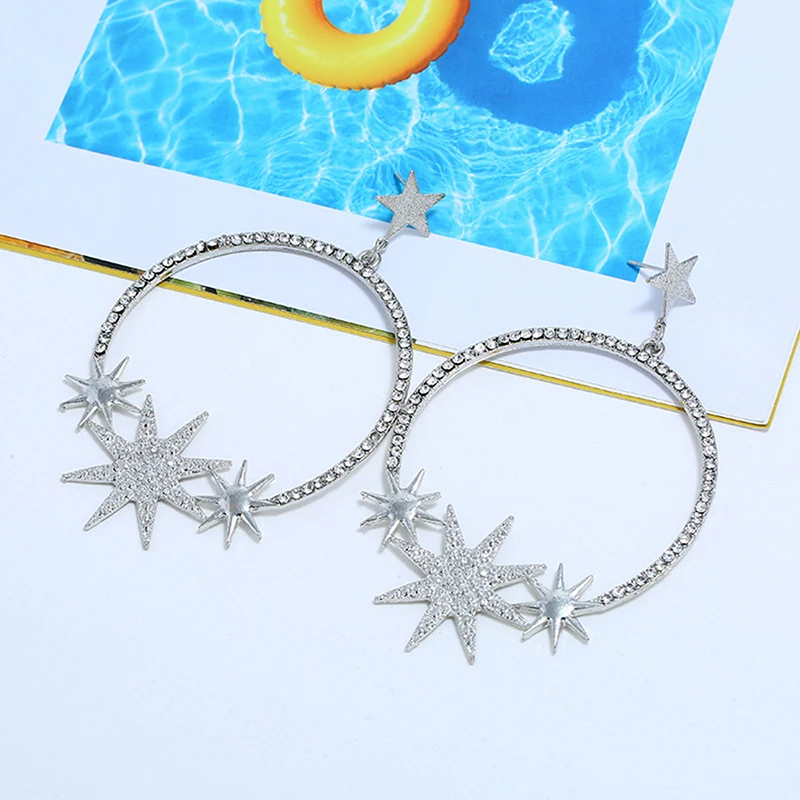 Shiny Rhinestone Big Round Circle Women Earring Fashion Crystal Star Pendant Earrings Jewelry Gift | Украшения и аксессуары