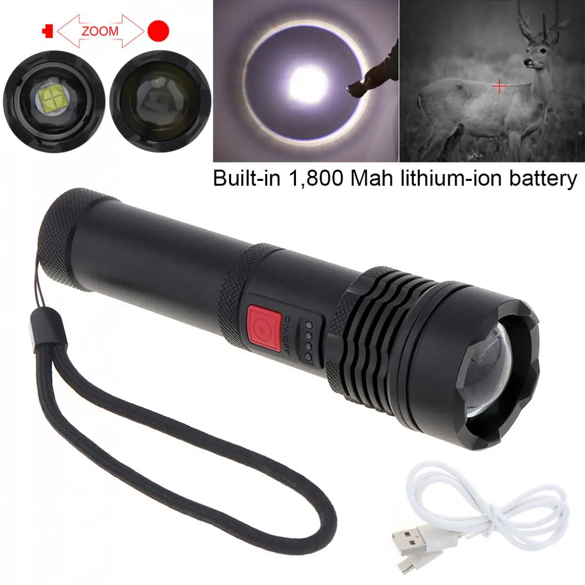 

LED XHP70 5000LM Built-in 18650 USB Rechargeable Flashlight Portable Super Bright Waterproof Torch Zoomable Flashing Light