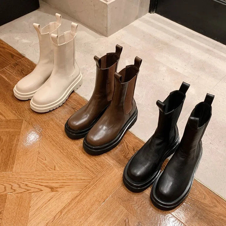 

Platform Chelsea Boots Women Luxury Brand Genuine Leather White Ankle Boots England Style Work Boots Female High Top Shoes