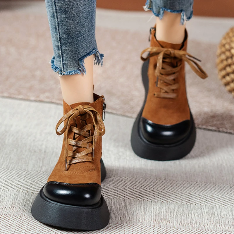 

Женские ботильоны на платформе в стиле ретро, новые женские ботинки из флока на толстой подошве, со шнуровкой, Осенние Винтажные ботинки на ...