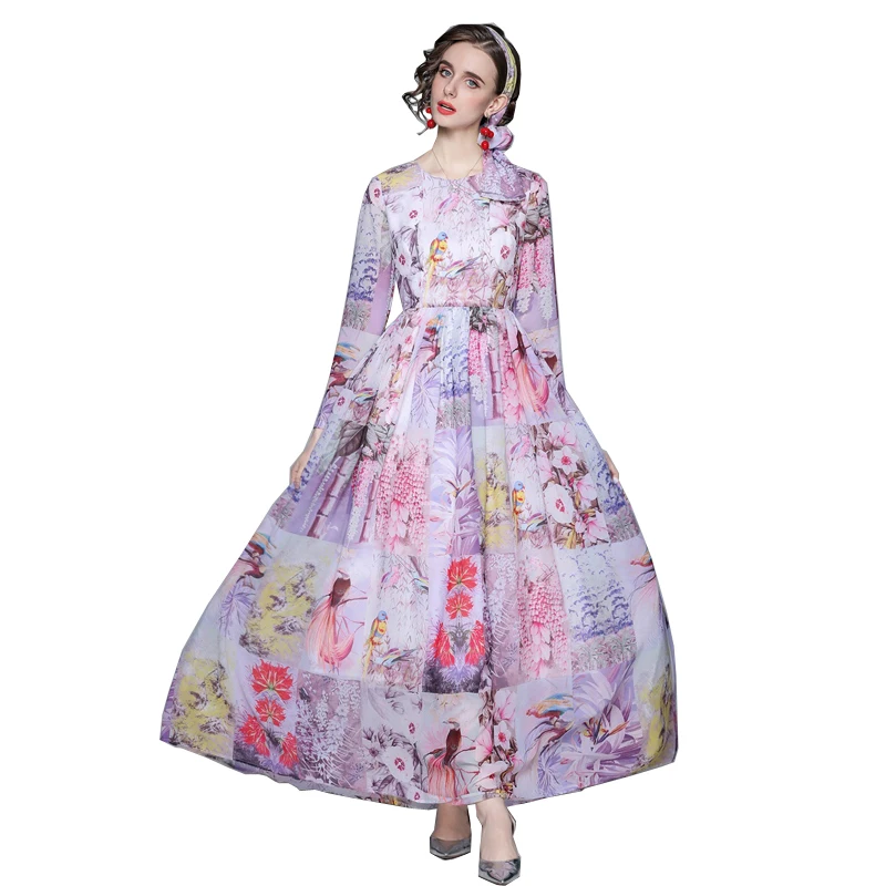 

2021 New Fashion Designer Summer Chiffon Dress Long Sleeve Bow Flower Print Robe Femme Elegant Party Vintage Ladies Maxi Dress