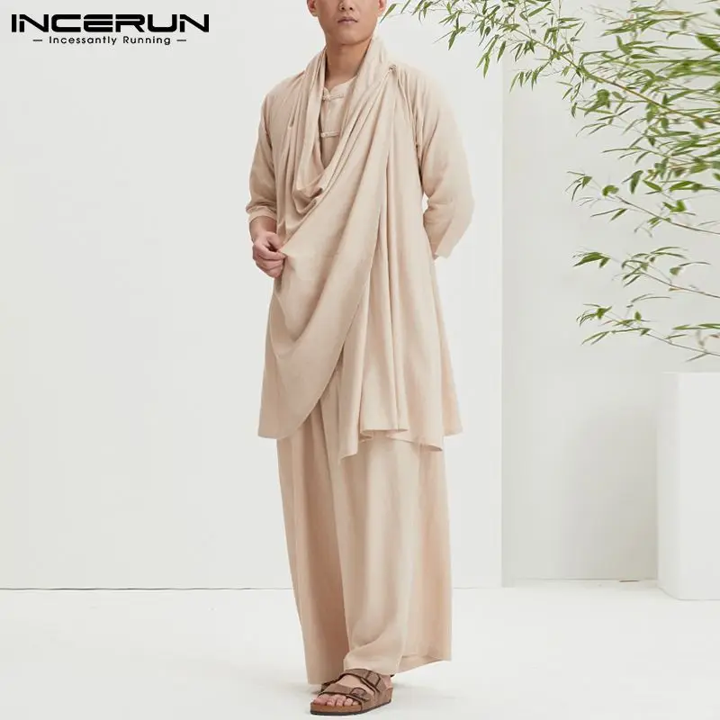 

Fashion New Men 2021 Six-Quarter Sleeves Sets Cotton Linen Chinese Style Pile Collar Cardigan Loose Trousers Suit INCERUN S-3XL