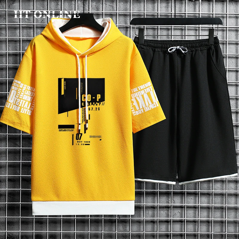 Мужской повседневный комплект из 2 предметов футболка с капюшоном и коротким