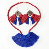american independence day tassel necklace earrings set for women red yellow blue cotton fringe wood statement handmade jewelry