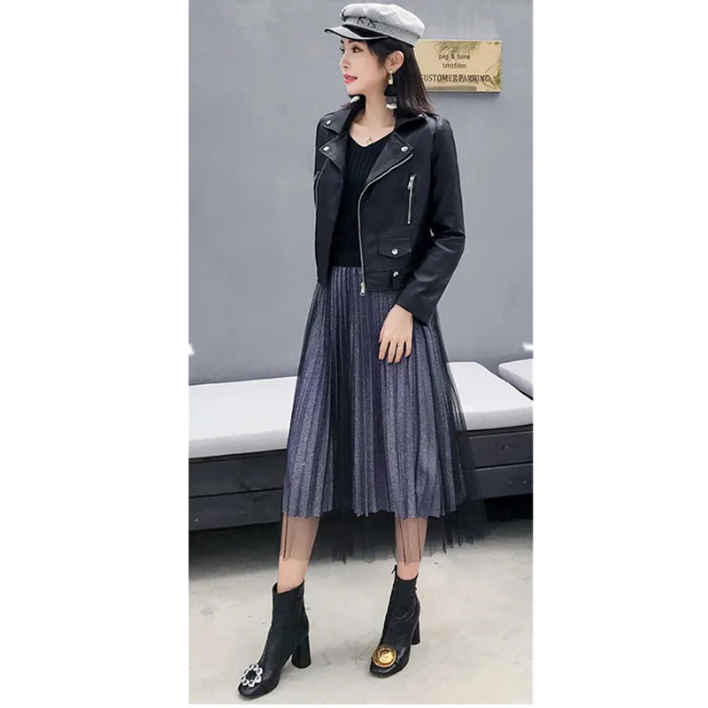 2021 Womens Spring Autumn PU Leather Jacket Short Korean Style Thin Locomotive Coat High Street Hipster Dating Sweet Cool Top