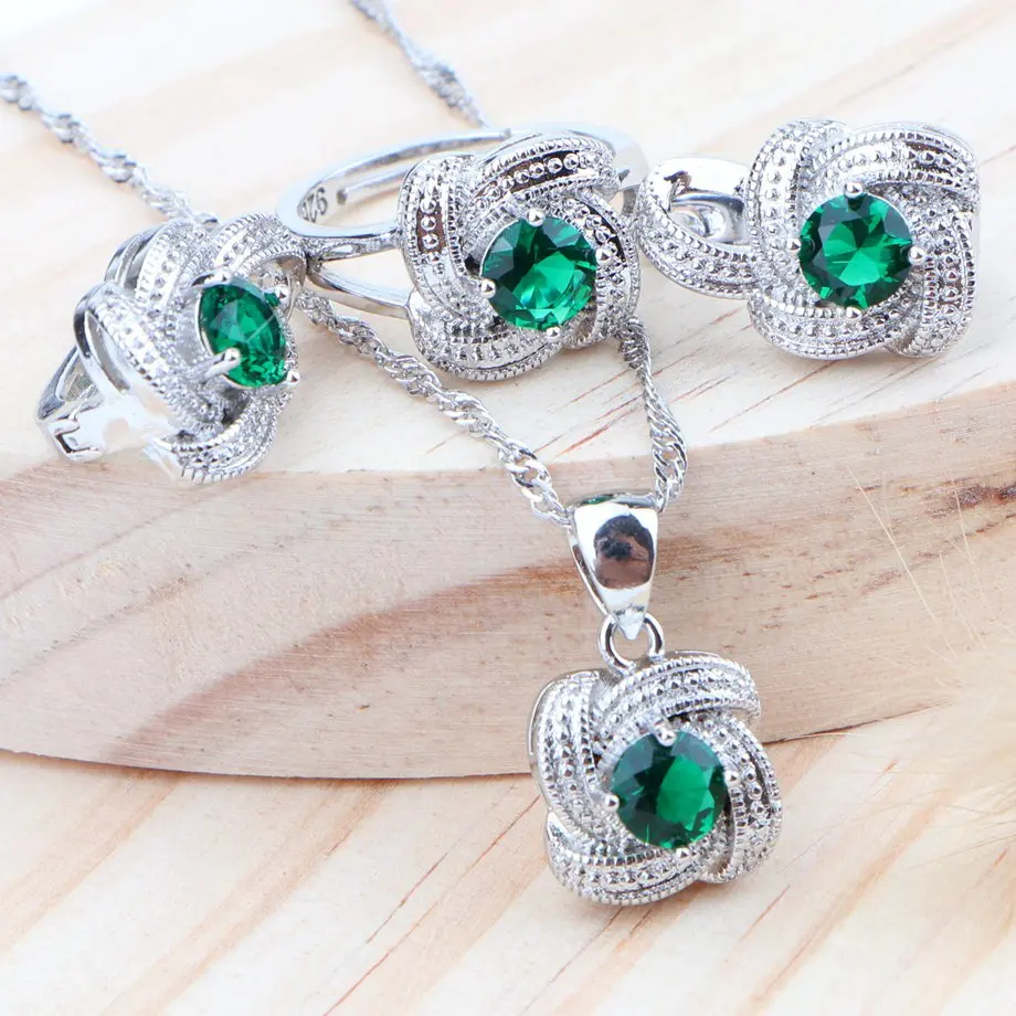Cubic Zirconia Silver 925 Bridal Jewelry Sets Wedding Kid Jewelry Earrings Rings Necklace Pendant Set For Women Accessories - Окраска металла: Green