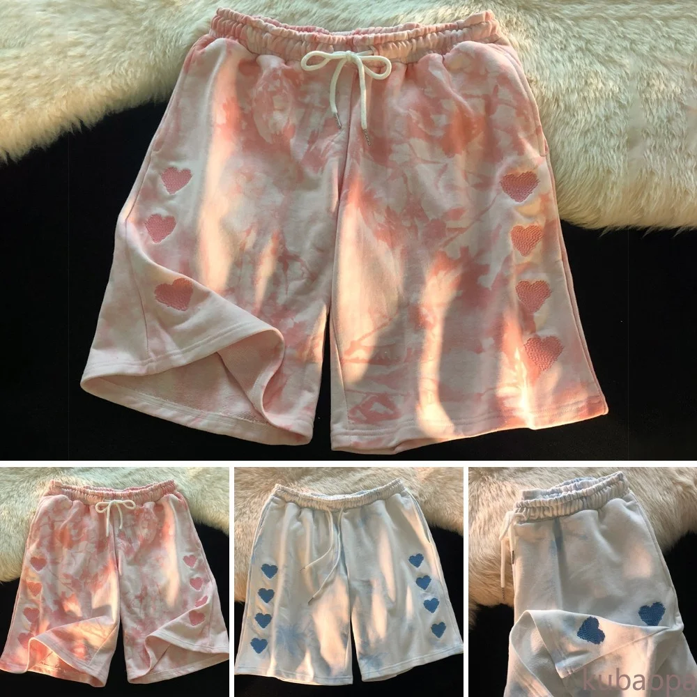 

Free Shipping Women Shorts Casual Loose Eaist Waist Comfy Polyester Sport Love Printing Tie Dyed KU