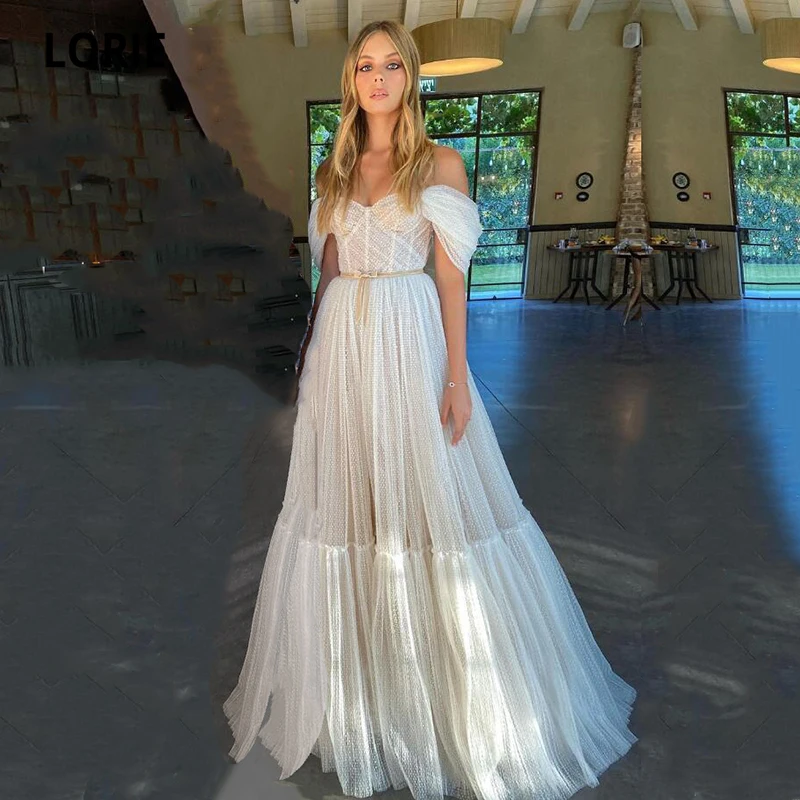 Lorie Boho Abiti Da Sposa Con Spalle Scoperte Polka Dot Increspato Abito Da Sposa Lungo Backless Beach Abito Da Sposa Abito Da Sposa