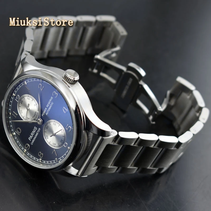 Parnis 43 мм Мужские топовые механические часы с синим циферблатом и стальным