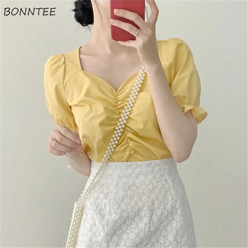 

Блузка женская с V-образным вырезом, плиссированная однотонная желтая, белая, универсальная, для девушек, с пышными рукавами, XL, на лето