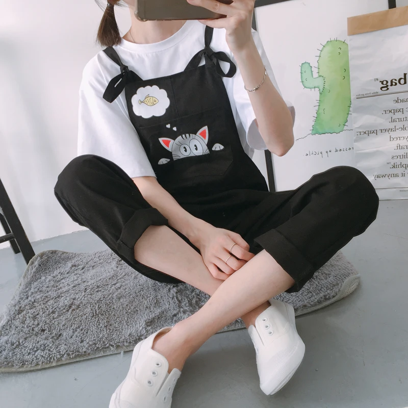

Jumpsuit Women Harajuku Kawaii School Students Korean Style Cat Printing Pockets Trendy Womens Jumpsuits Summer Breathable Chic