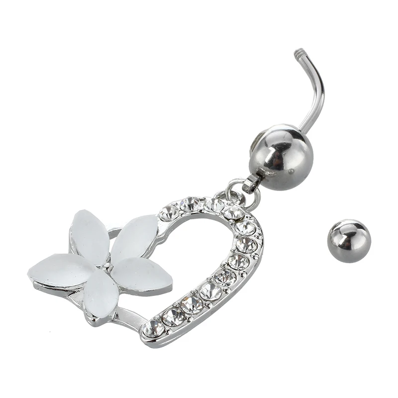 

Body Piercing Navel Belly Ring Barbell Bar Rhinestone Heart White Flower Alloy