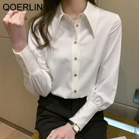 qoerlin s 2xl elegant white shirt women spring fall office ladies button up shirts female imitation silk tops workwear