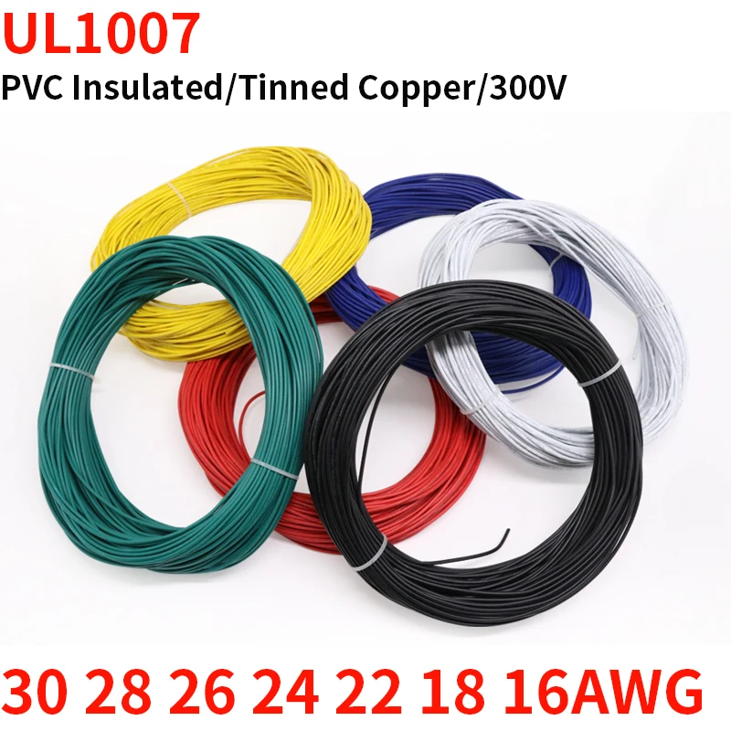 

2M/5M UL1007 PVC Tinned Copper Wire Cable 30/28/26/24/22/20/18/16 AWG White/Black/Red/Yellow/Green/Blue/Gray/Purple/Brown/Orange