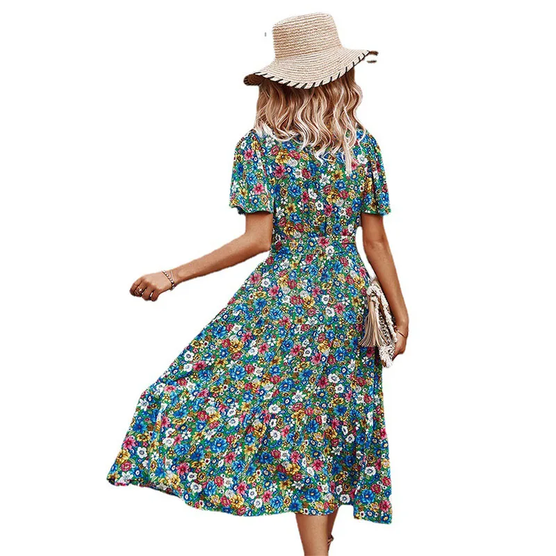 

2021 summer new style V-neck short-sleeved high-waisted dress explosive print waist sexy dress