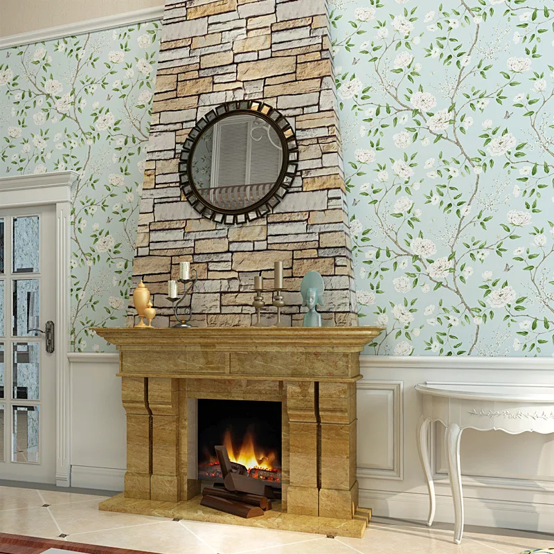 

American country rural style wallpaper green fresh art light blue bedroom living room TV background wallpaper