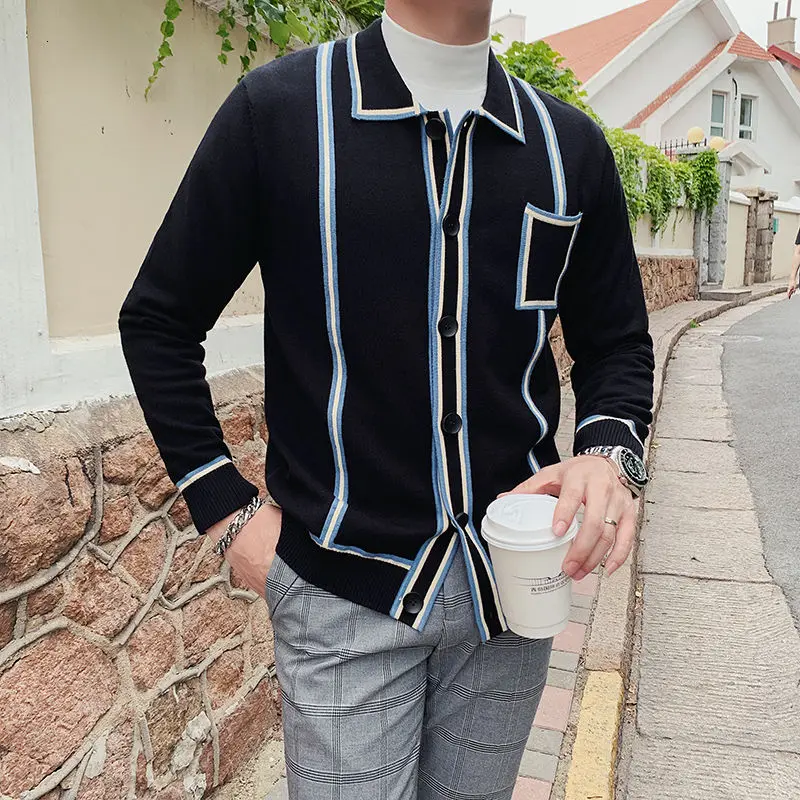 

Men's sweaters 2020 autumn winter new slim-fit contrast cardigan long-sleeved sweater casual personality young men's clothing