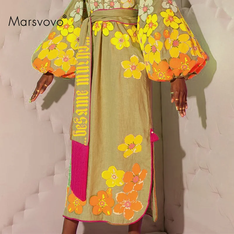 

Indie Folk Women Dress Yellow Floral Long Sleeve Cosplay Dress Belt Elegant Ankle-Length Long Dress Loose Prom Vestidos