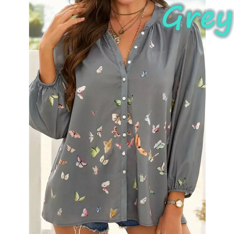 

Mandylandy Blouse Summer Long Sleeve Stand Collar Single-Breasted Zipper Blouse Women's Casual Butterfly Print Loose Shirt