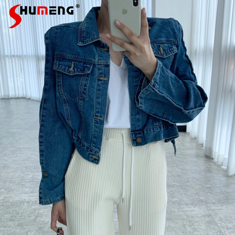 

2021 Spring Retro Lapels Multi-Pocket Loose Casual Blue Denim Short Coat for Women Cool Jeans Jacket