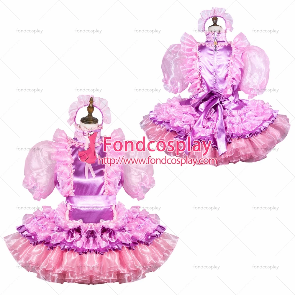

fondcosplay adult sexy cross dressing sissy maid short pink organza satin dress lockable Uniform apron Tailor-made[G3799]