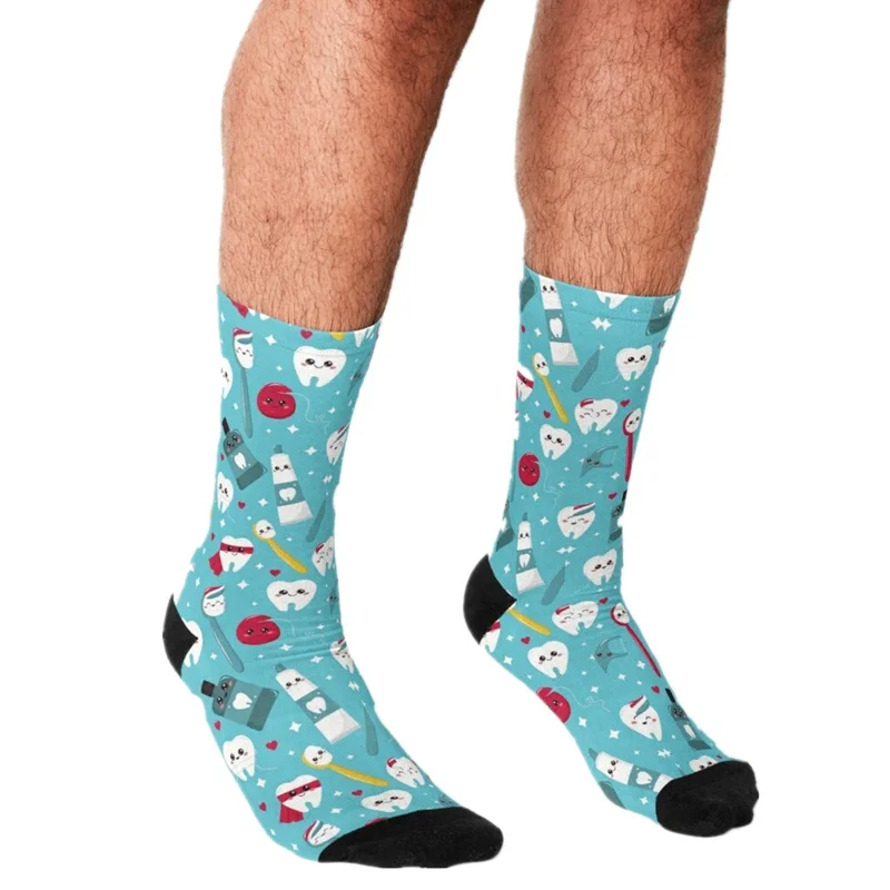 Забавные мужские носки 2021, счастливые мужские носки хип-хоп с рисунком из стоматологических мультфильмов, милые мужские сумасшедшие носки ...