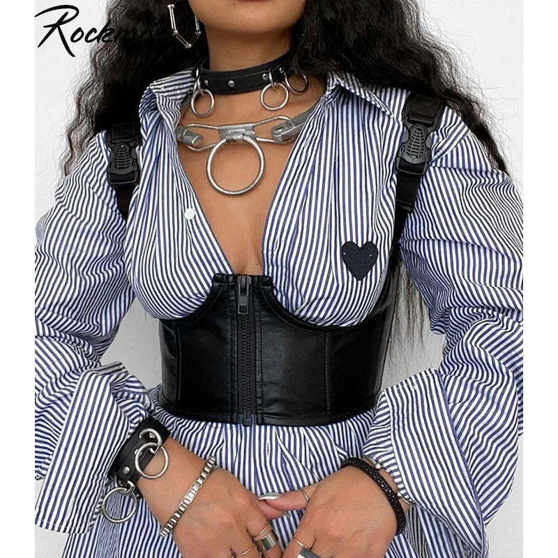 

Rockmore Gothic PU Leather Corset Women Punk Style Buckle Zipper Crop Top Wear Out Bustiers Backless Tank Top Streetwear 2021