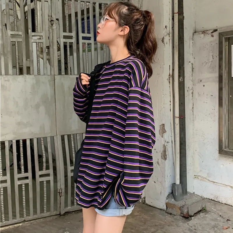 Женская Винтажная футболка в полоску осенняя свободная с длинным рукавом