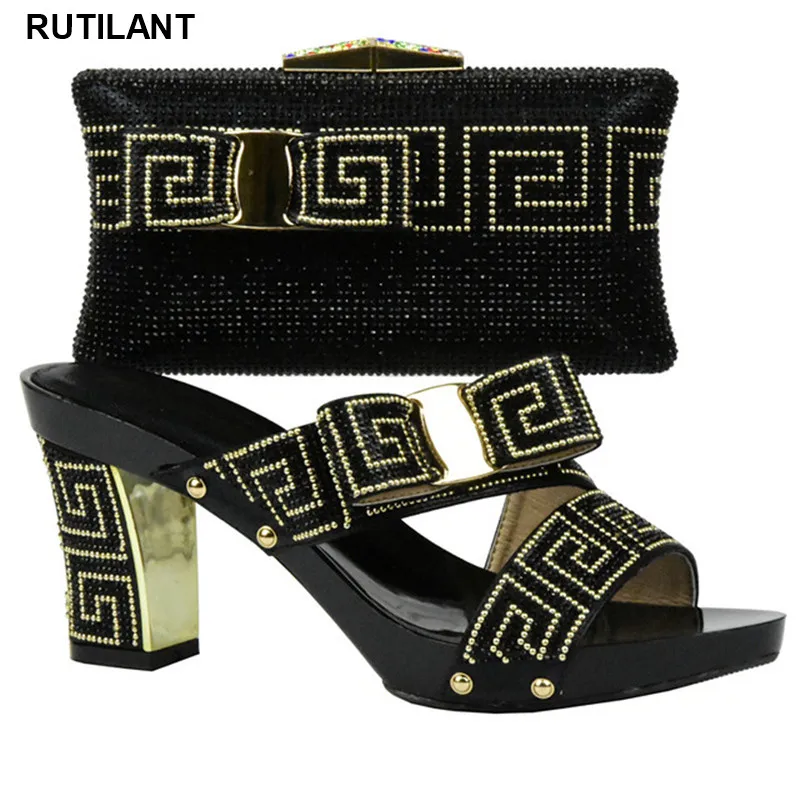 Women Shoes and Bag Set In Italy Black Color African Italian Sets Decorated with Rhinestone Nigerian | Обувь