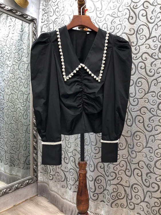 

2020 Autumn and Winter new women's lapel beaded trim wrinkle long sleeve Joker shirt 926