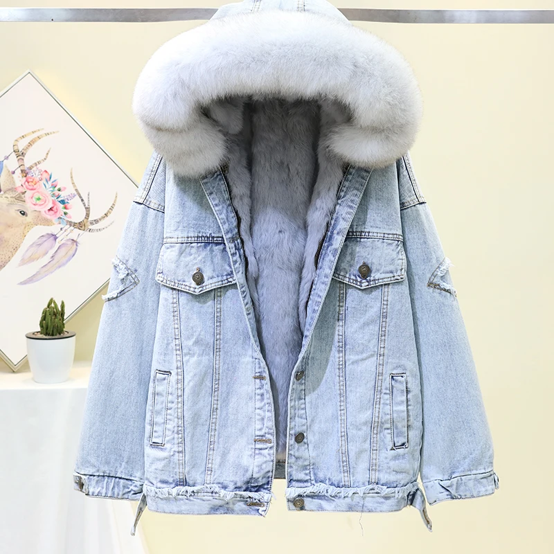 Пальто из натурального меха зимняя Свободная джинсовая куртка Женская Толстая