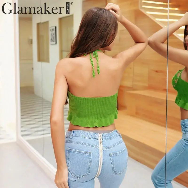 Glamaker зеленая трикотажная Женская сорочка с v-образным вырезом на шнурке, с вырезами, с оборками, сексуальный обрезанный женский топ, осенне-зимние вечерние Клубные кроп-топы