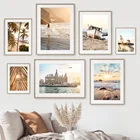 Морские волны пляж Пальма лист тростник Лодка на стену искусство холст картина скандинавские плакаты и принты настенные картины для декора гостиной