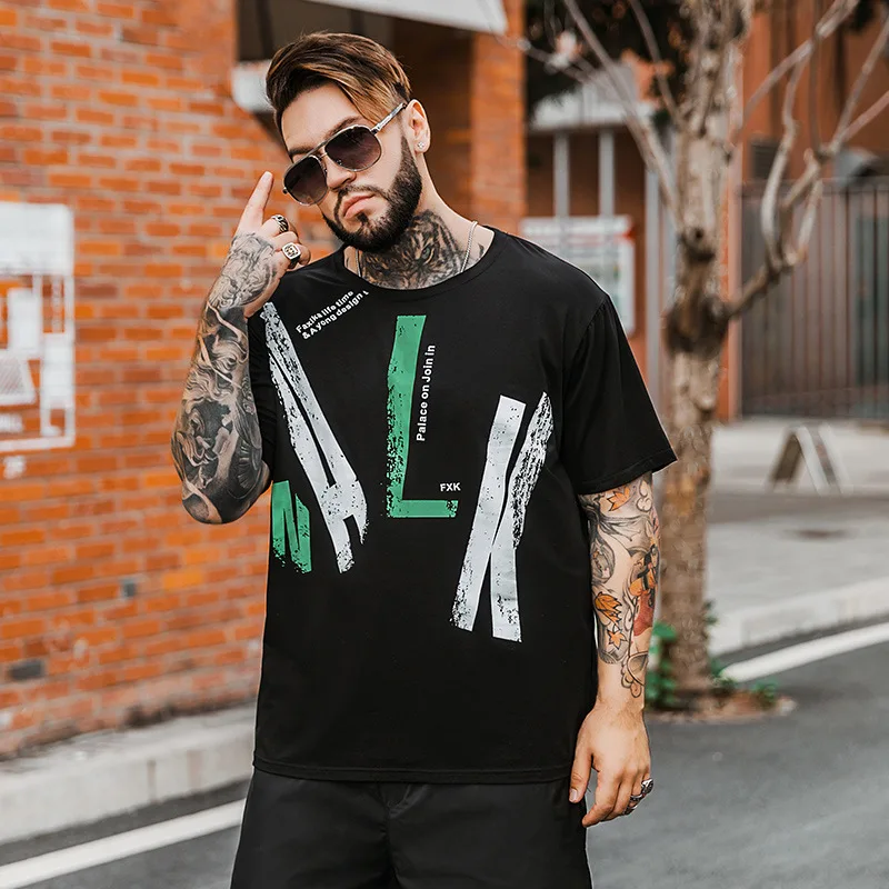 

New 2021 Classic Letter Print Oversized T Shirt Men Loose T-shirt Fat man Tops Crew Neck Cotton Casual Tee Shirt Clothes