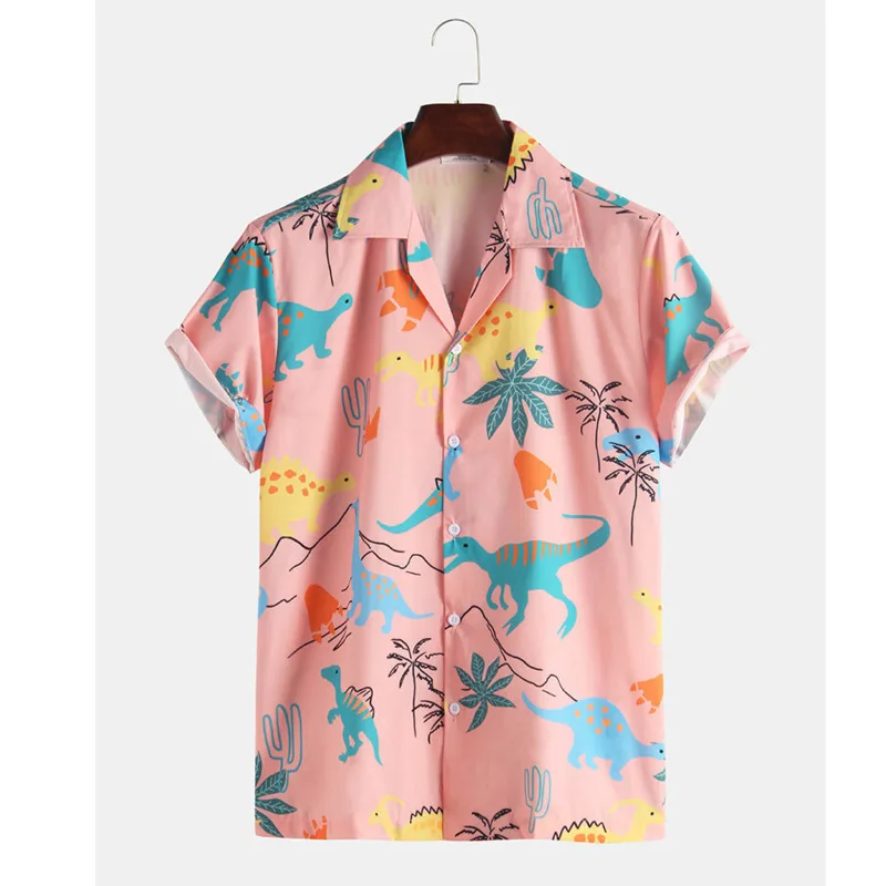 

2021 Fashion Hawaiian Shirt Mens Funny Style Dinosaur Cartoon Printed Short Sleeve Pink Shirts Men Korean Clothes
