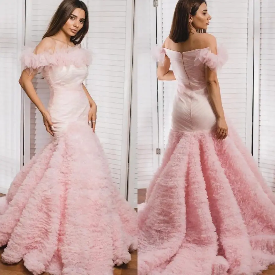 

New Sweet Pink Slash Neck Off the Shoulder Ruffles Trumpet Tulle Dresses Prom Gowns Floor Length Women Dresses Party Dress
