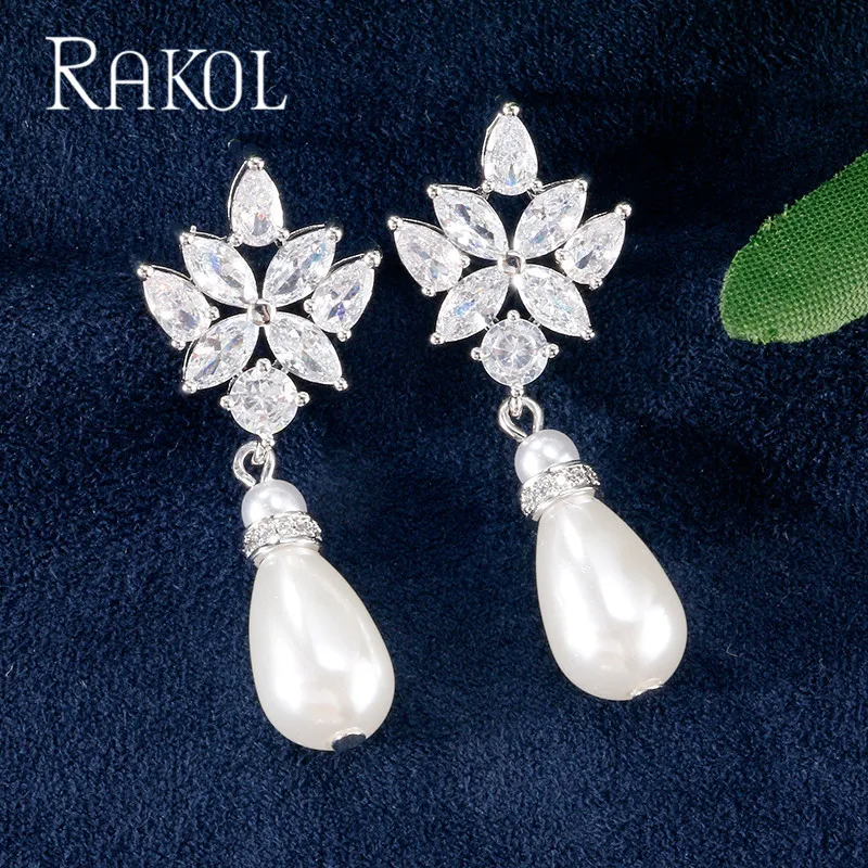 Женские серьги подвески RAKOL винтажные с фианитом и искусственным жемчугом