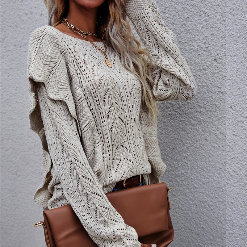 

Autumn knitted vintage white pullovers Women's Sweaters wither Fashionable Hollow Knitwear with ruffles sweater women Solid