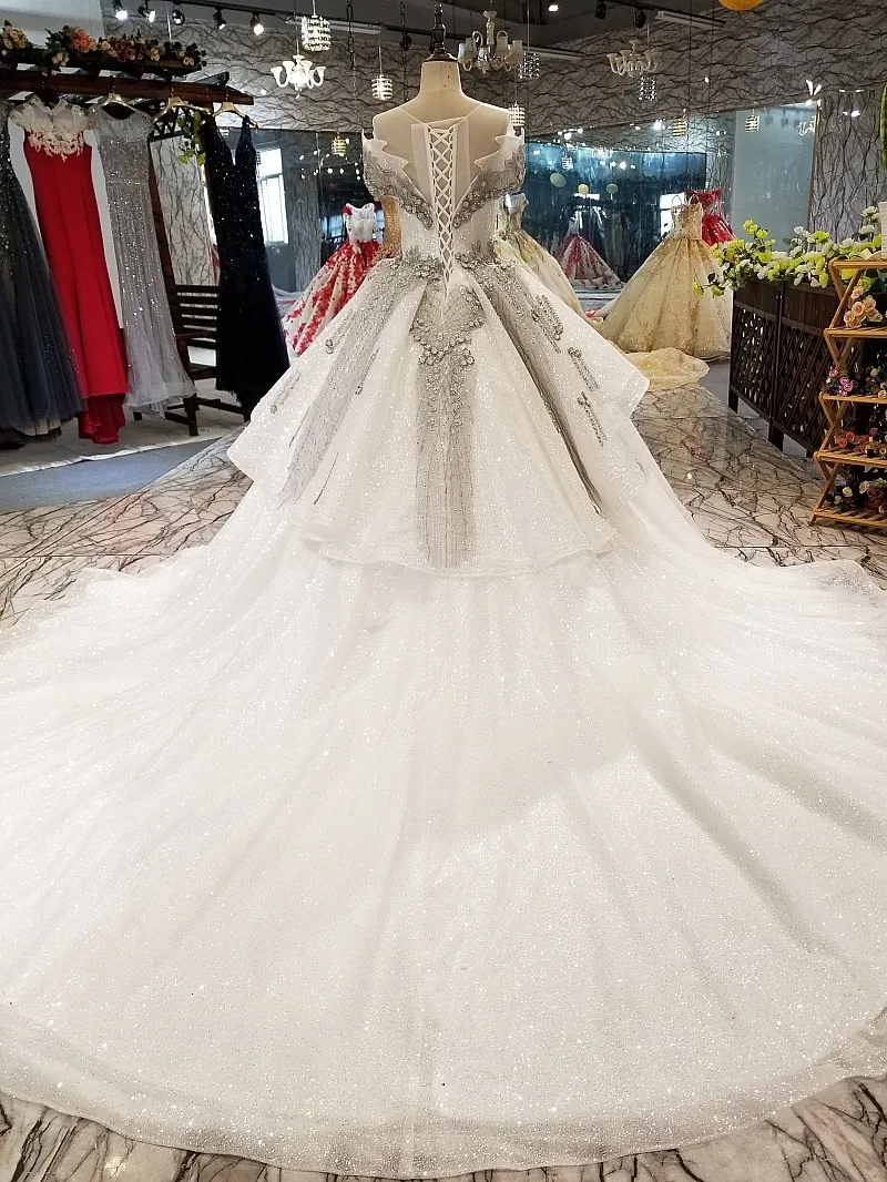 BGW 22029ht Special Short Sleeve Ball Gown Evening Dress Grey Decorations O-neck Dubai Dresses With Long Train For Sexy Mother