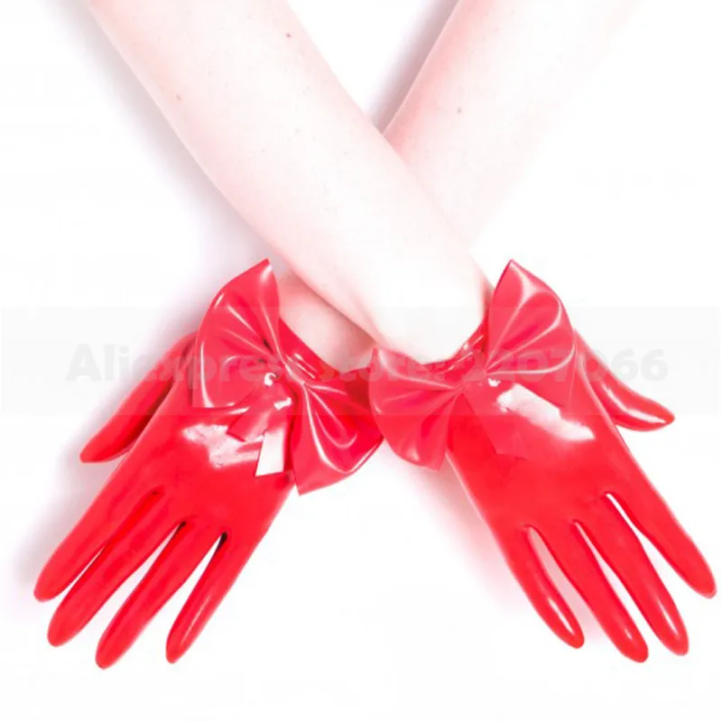 Латексные фетиш-короткие перчатки красного цвета с бантом RLA100 |