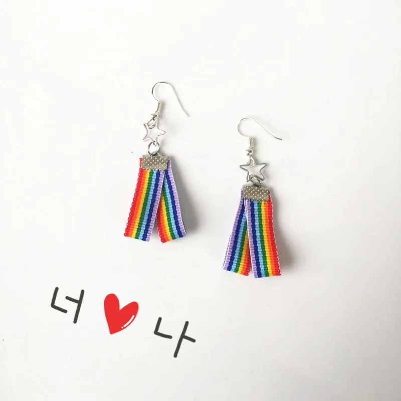 Женские Висячие серьги в Корейском стиле с разноцветной радужной лентой звездой